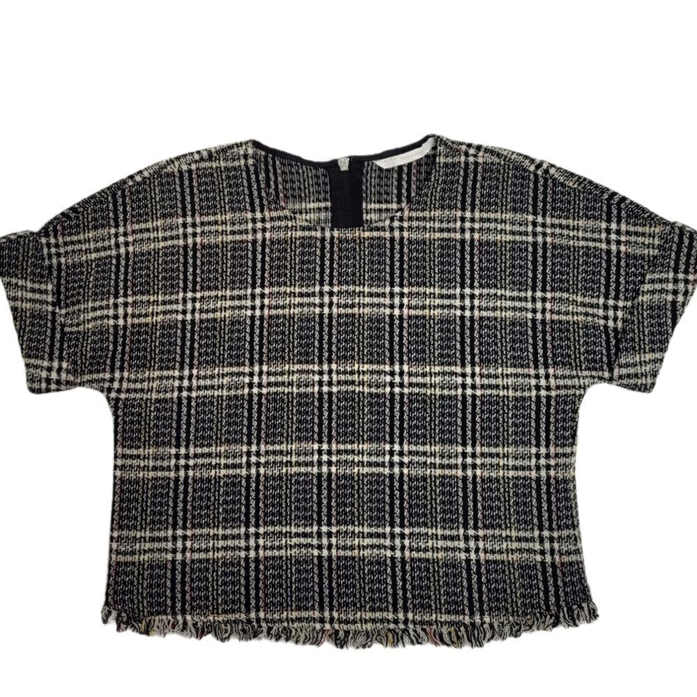 ZARA crop top frayed tweed plaid short sleeve boxy XS